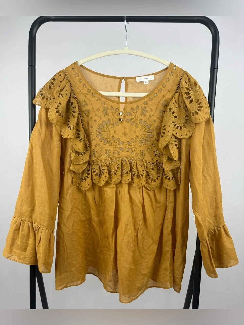 A Loves A Mustard Eyelet Embroidered Ruffle Boho Peasant Top Large Cotton